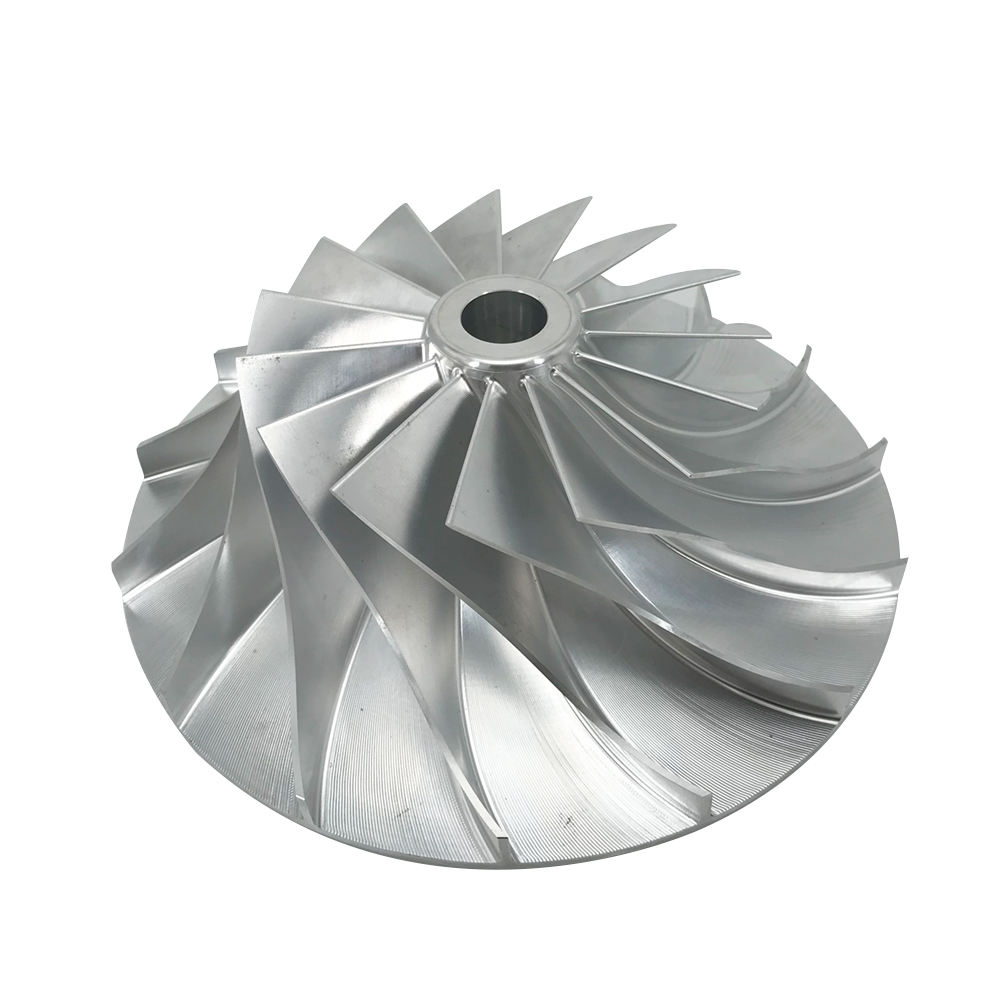 Curved-blade component with a central opening and visible surface tracks on a white background