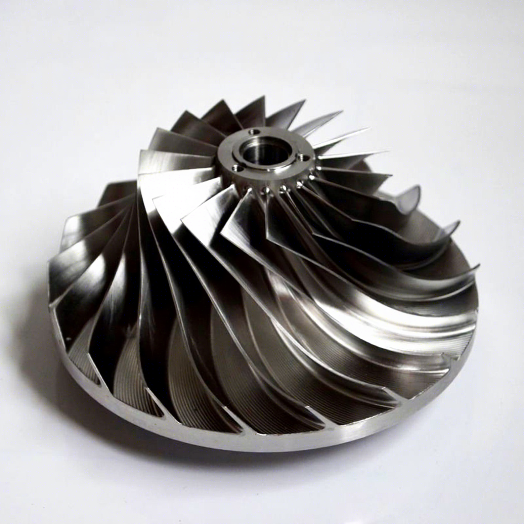 Curved-blade metallic impeller with a central hub, bore and small face openings