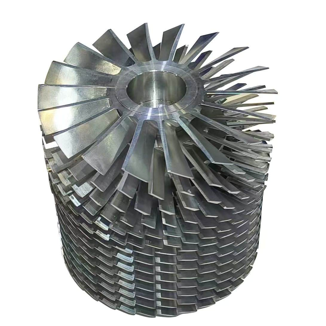 Metallic rotor with multiple rows of thin blades and a central bore on a white background