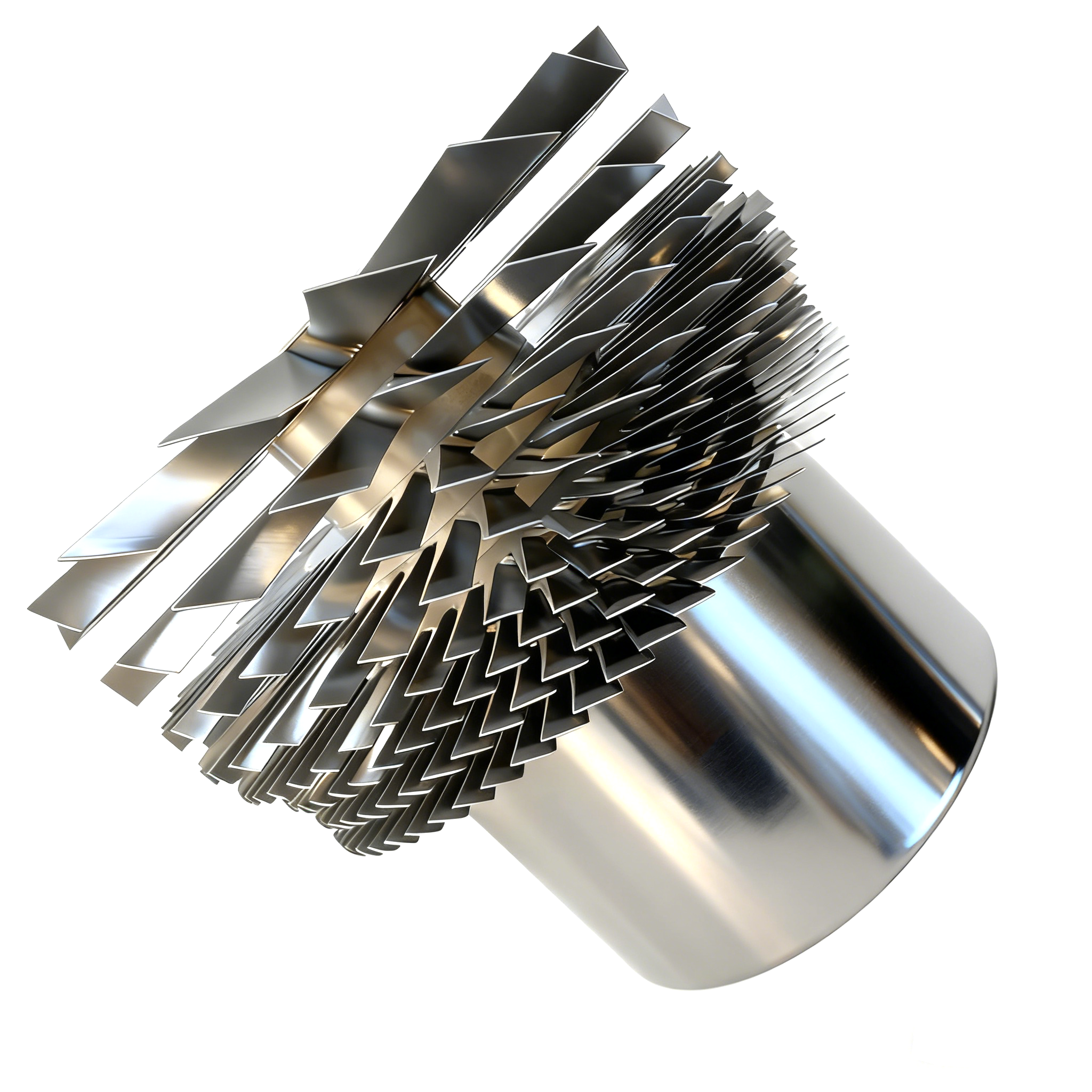 Oblique view of a metallic component with multiple blade rows and a cylindrical lower body