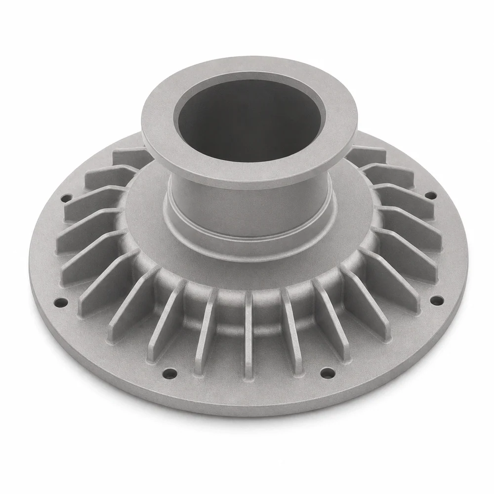 Reference illustration of a circular ribbed housing with a central opening and mounting holes